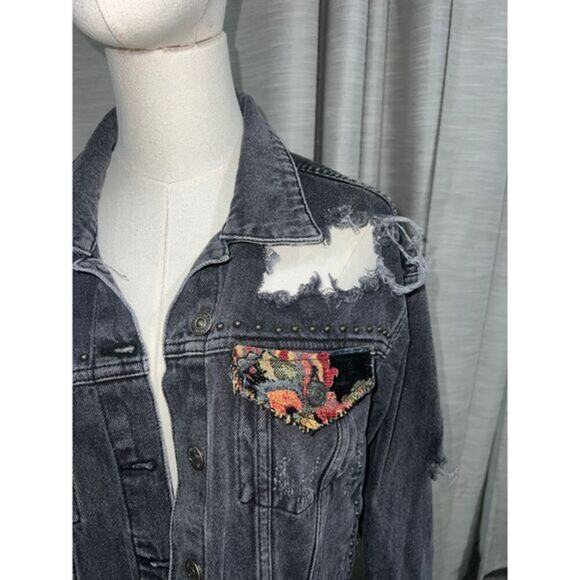 Free People distressed embroidered‎ black denim jacket with studs - Picture 3 of 6